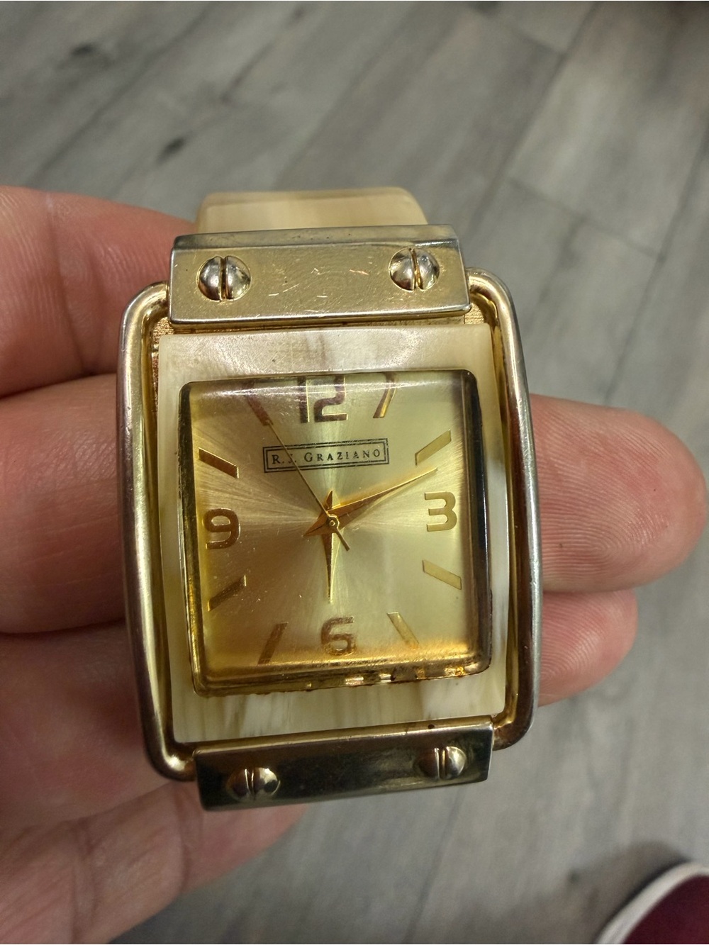 R.J. Graziano Gold Tone Cuff Watch Ivory Resin Bracelet